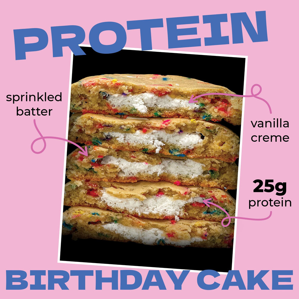 My Cookie Dealer Birthday Cake half-bite shows vanilla cake with confetti sprinkles for a satisfying treat