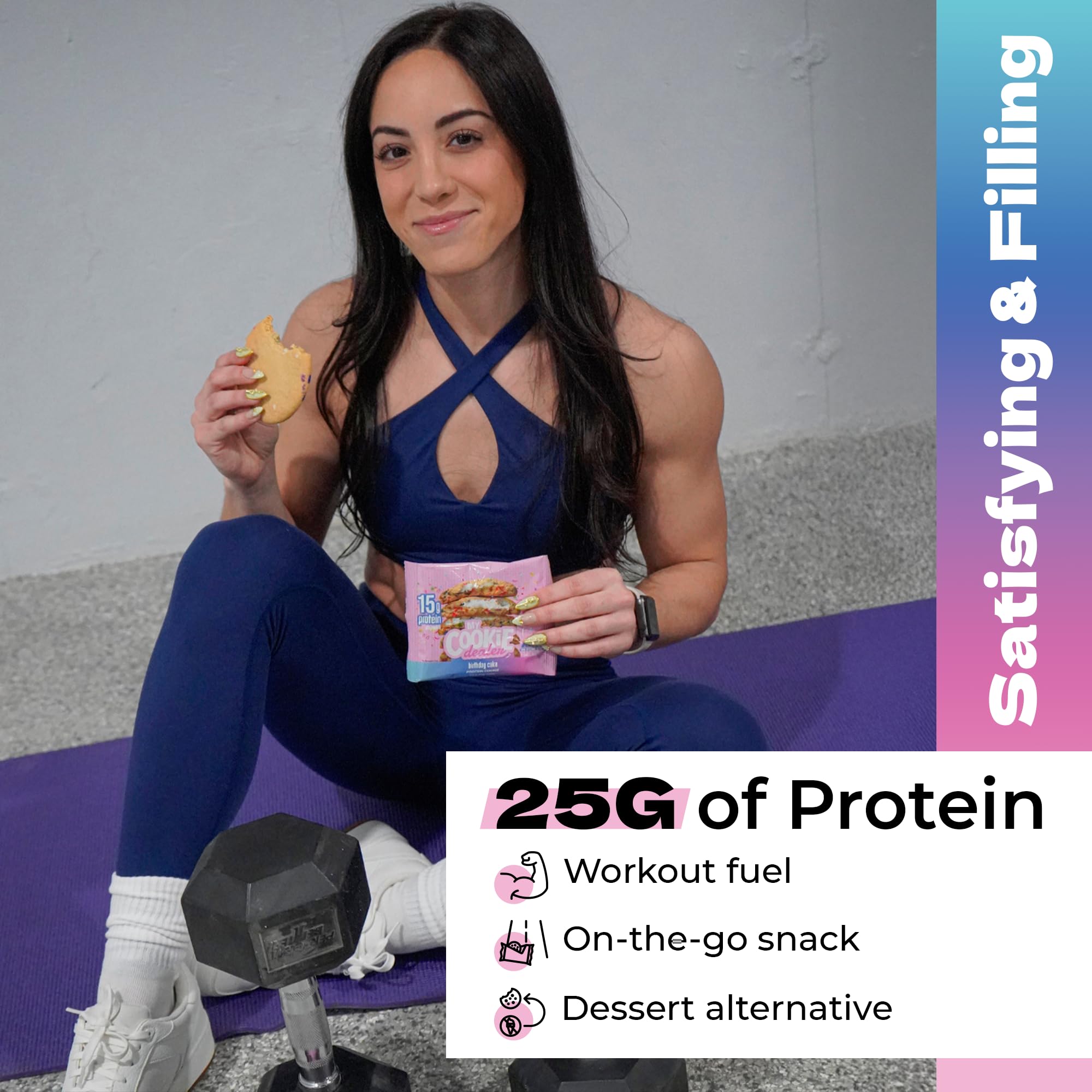 My Cookie Dealer cookie illustrates 25g protein per cookie for fitness fueling