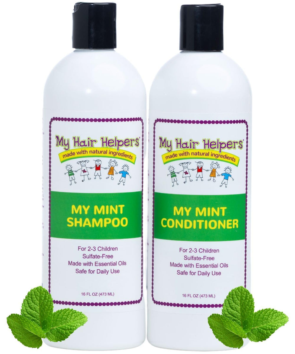 My Hair Helpers defense bundle peppermint shampoo 16oz bottle supports daily lice prevention for kids.