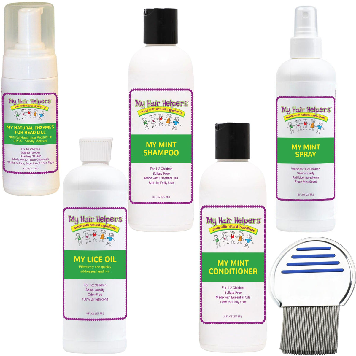 MY HAIR HELPERS Deluxe Kit front package showing full family set for up to four kids