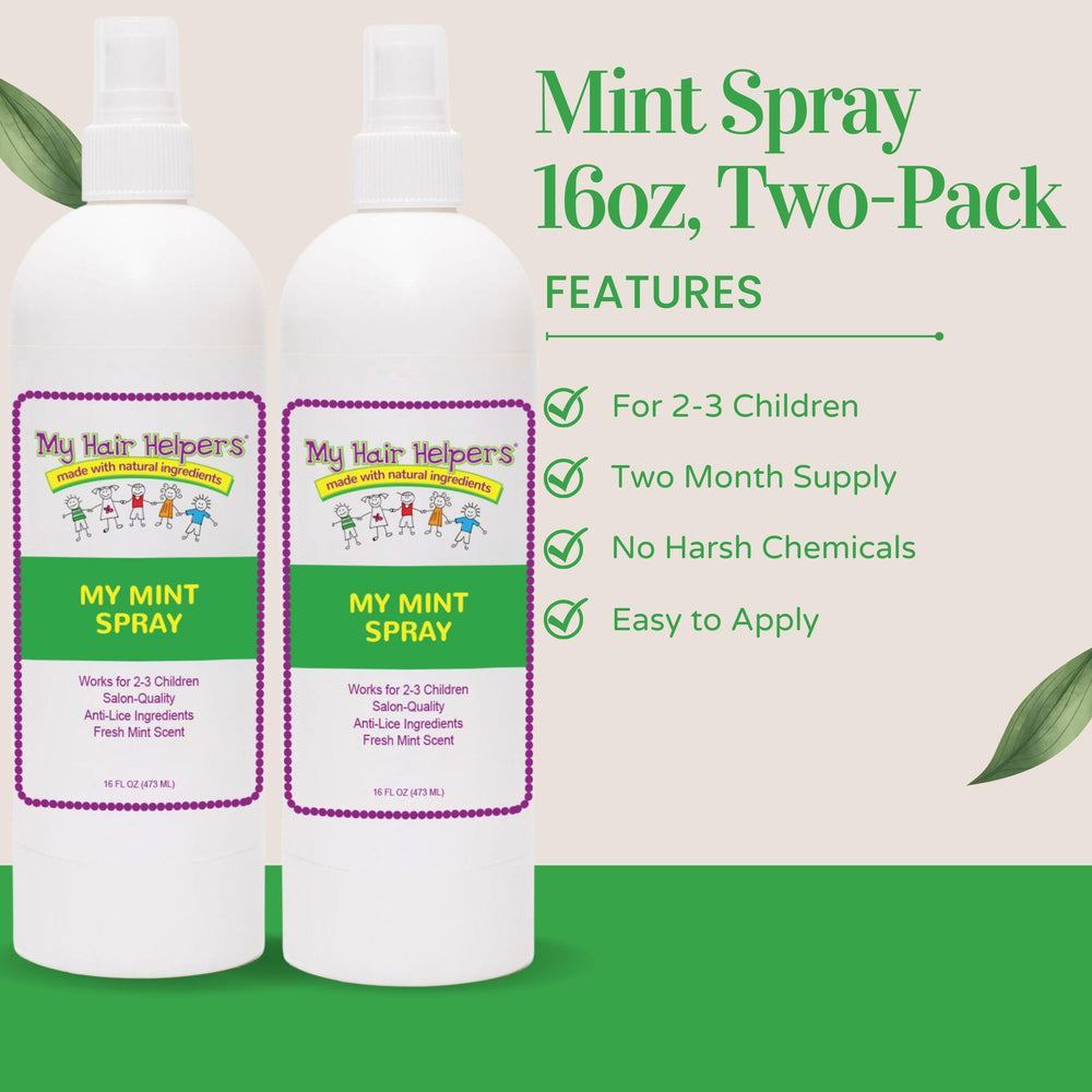 MY HAIR HELPERS Mint Lice Prevention Spray applied to a child’s hair for routine use.