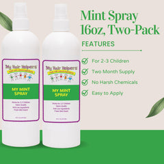 MY HAIR HELPERS Mint Lice Prevention Spray applied to a child’s hair for routine use.