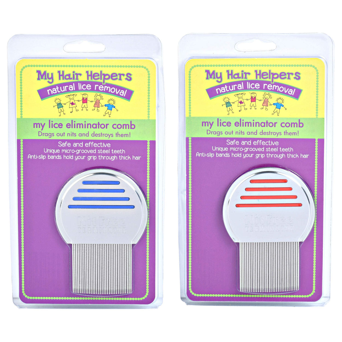My Hair Helpers Lice Eliminator Comb in stainless steel with micro-grooved teeth for precise removal.