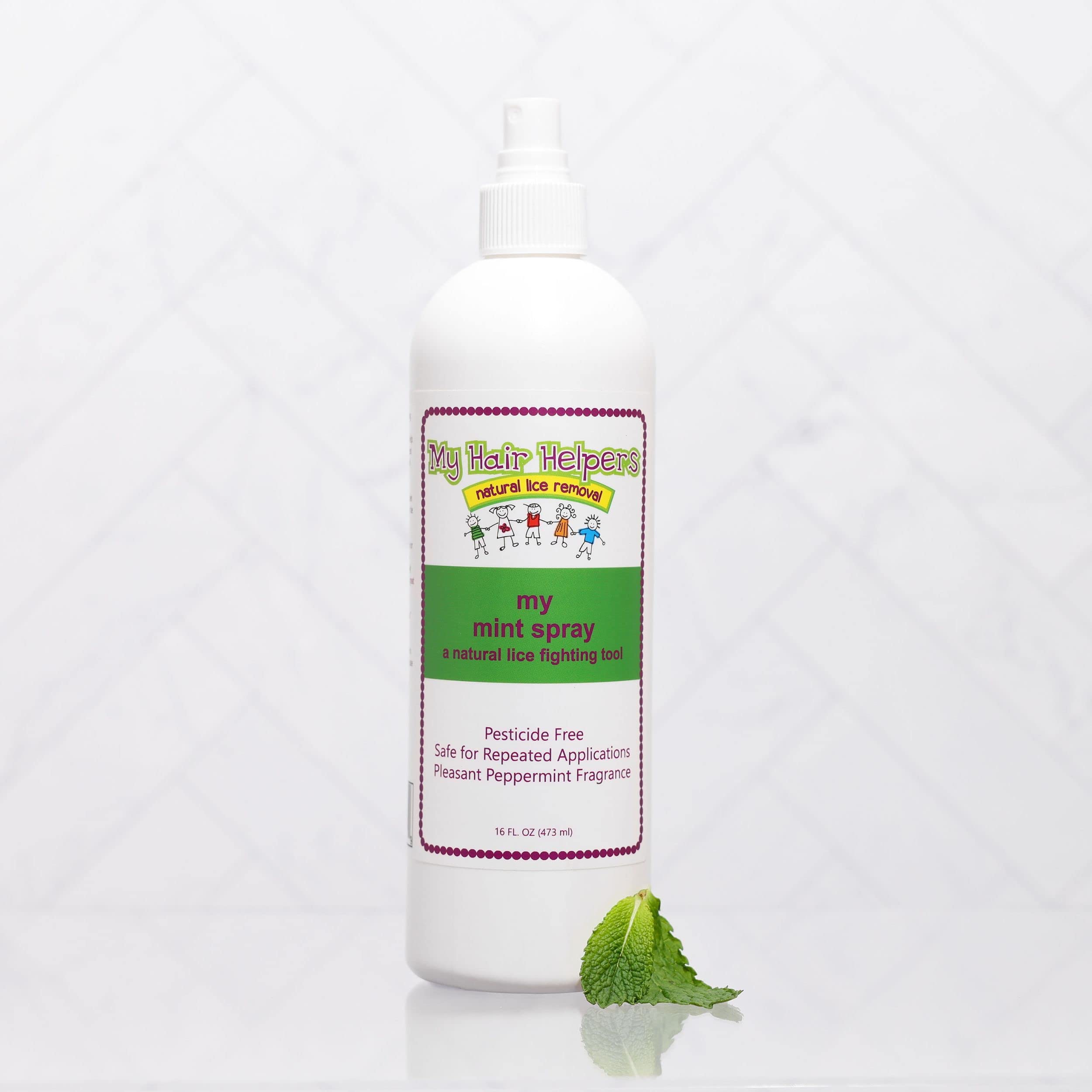 My Hair Helpers Mint Lice Spray on a child’s hair during use, kid-friendly