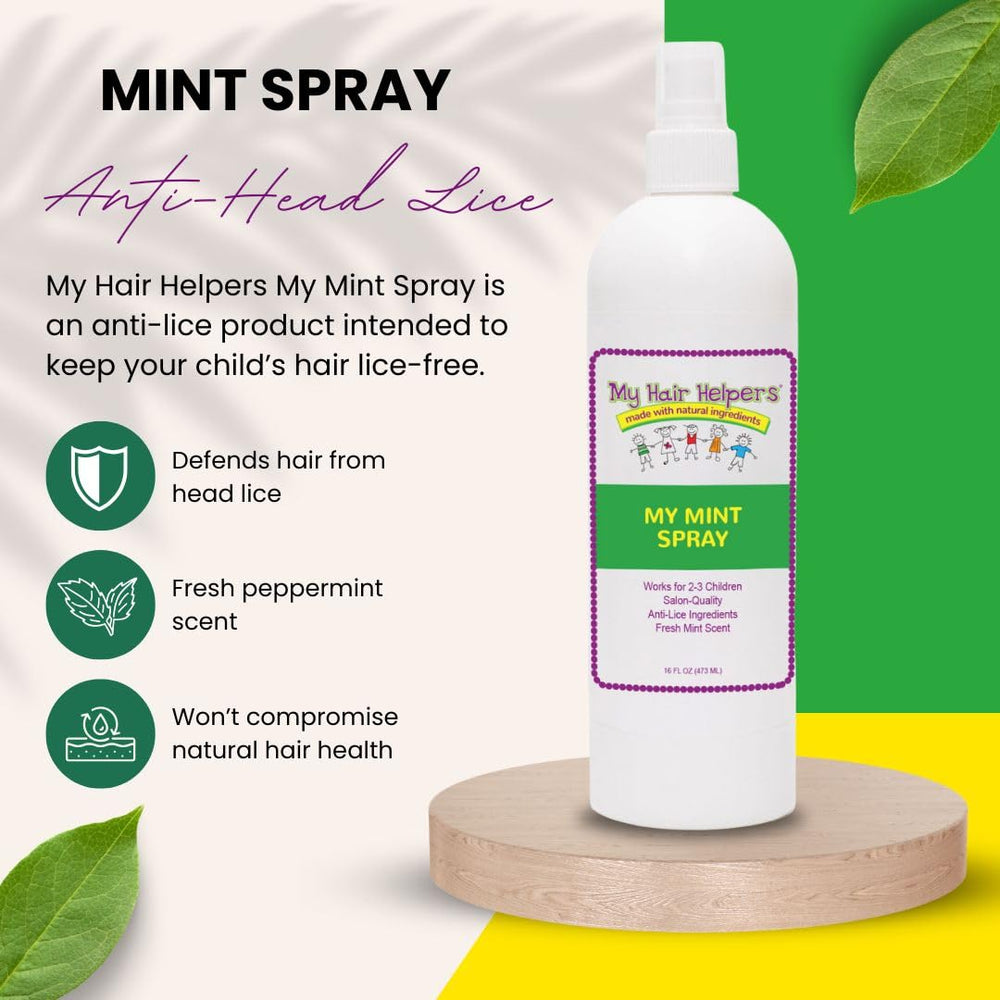 My Hair Helpers Mint Lice Spray label close-up highlighting natural oils