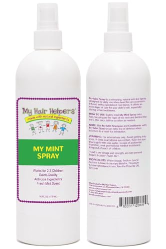 Close-up of My Hair Helpers Mint Lice Spray pump top for easy application