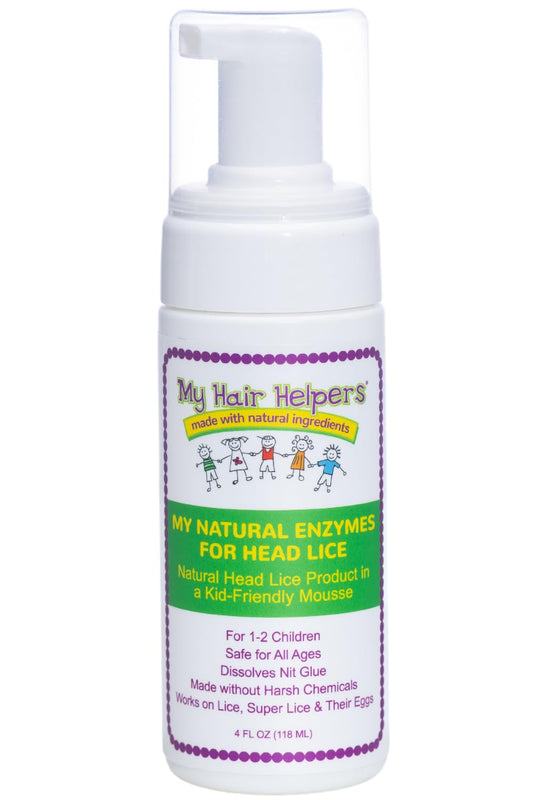 My Hair Helpers Natural Lice Removal mousse bottle showing gentle nit removal action