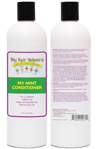 My Hair Helpers shampoo bottle front close-up highlights peppermint scent and gentle cleansing.