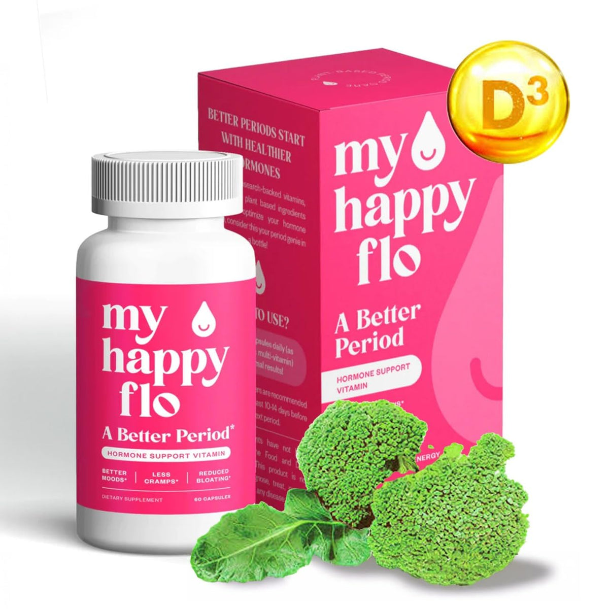 My Happy Flo PMS Support bottle front shows a plant based formula for monthly comfort