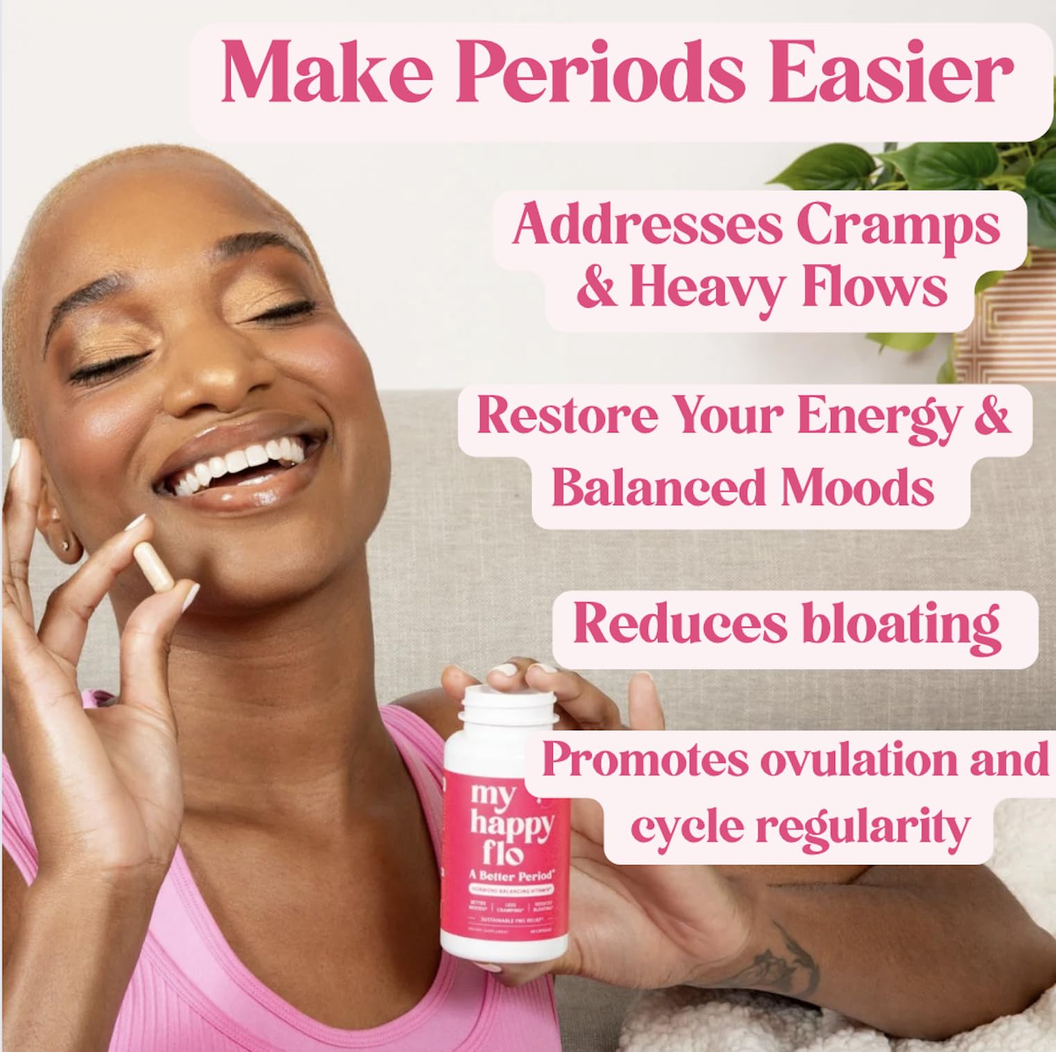My Happy Flo PMS Support bottle label close up emphasizes Vitamin D3 and iron