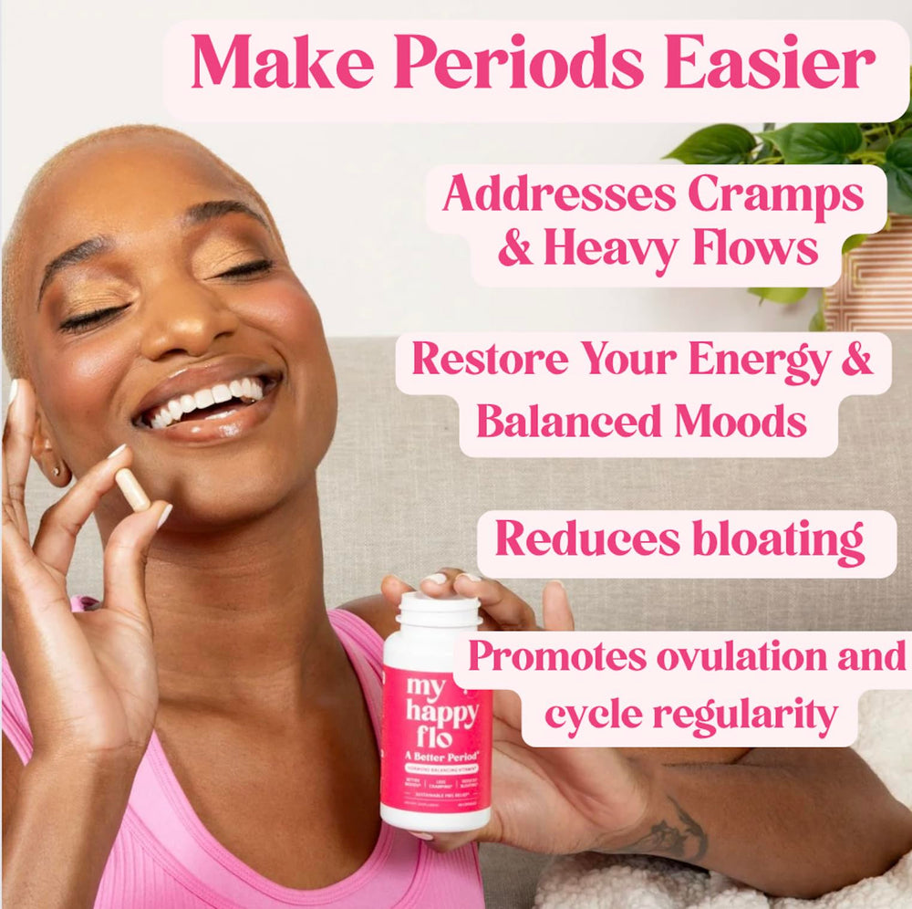My Happy Flo PMS Support bottle label close up emphasizes Vitamin D3 and iron