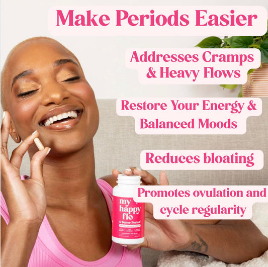 My Happy Flo PMS Support bottle label close up emphasizes Vitamin D3 and iron