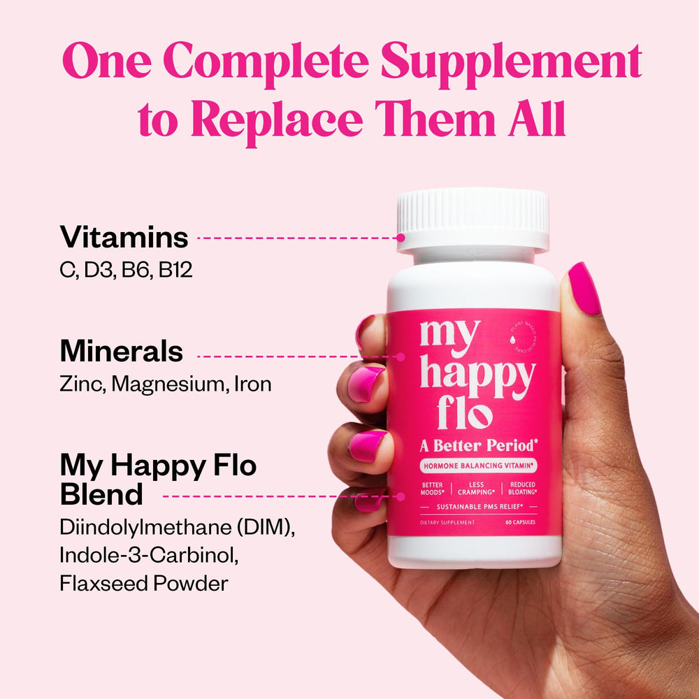 My Happy Flo PMS Support capsules arranged on a clean surface for daily wellness
