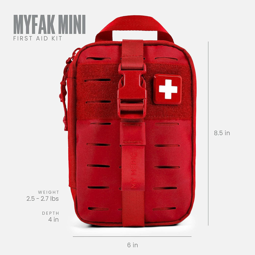 My Medic MyFak Mini Pro Kit attached to backpack strap for quick reach.