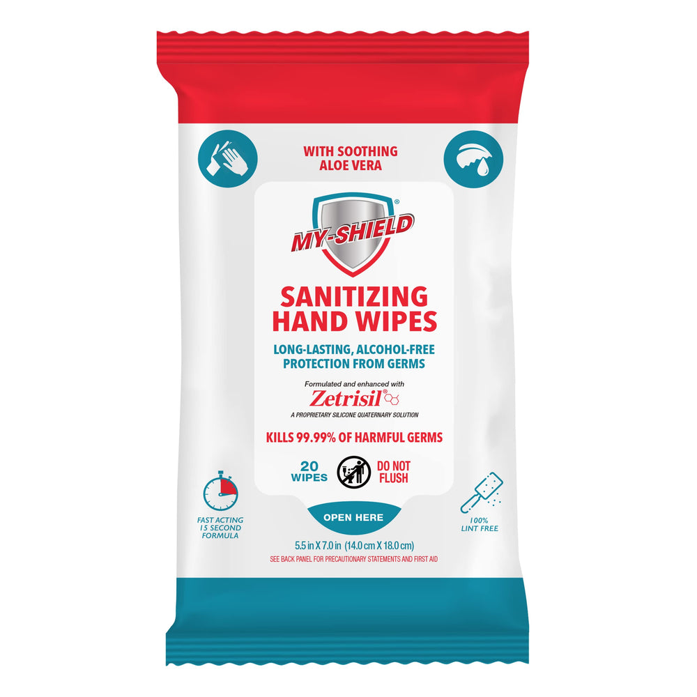 My-Shield wipes with Aloe Vera moisturize while cleaning hands.