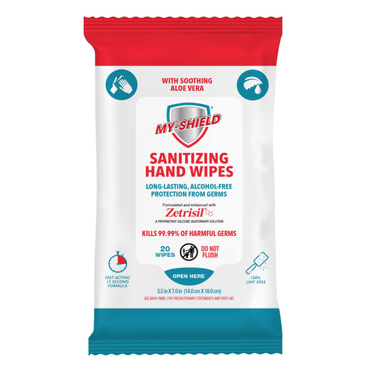 My-Shield wipes with Aloe Vera moisturize while cleaning hands.