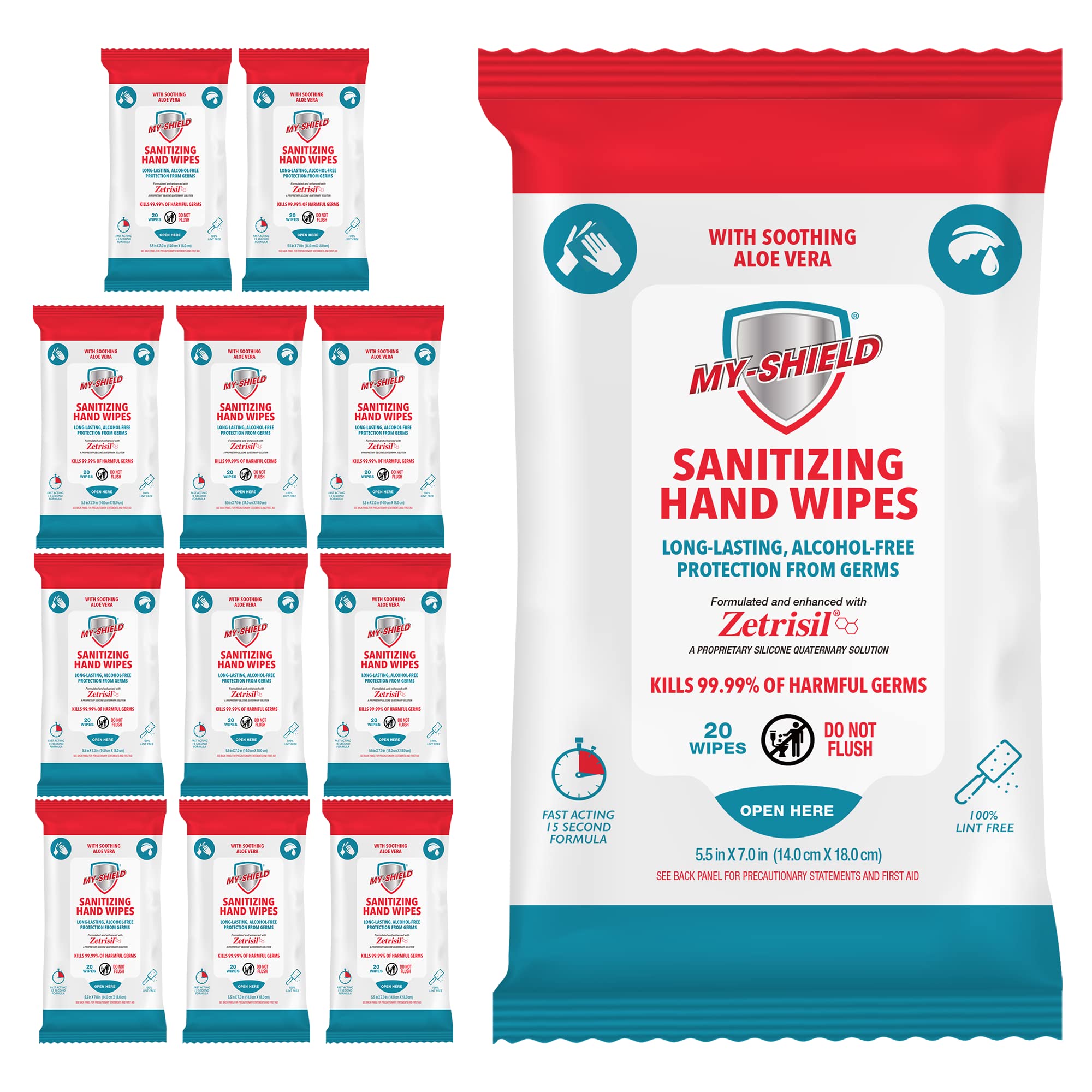 My-Shield sanitizing hand wipes travel pack front view, ideal for on-the-go protection.