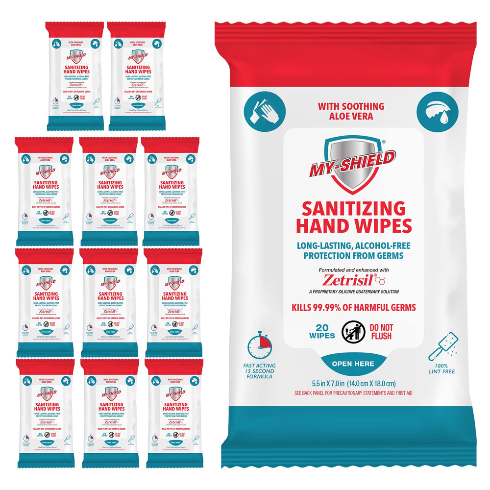 My-Shield sanitizing hand wipes travel pack front view, ideal for on-the-go protection.