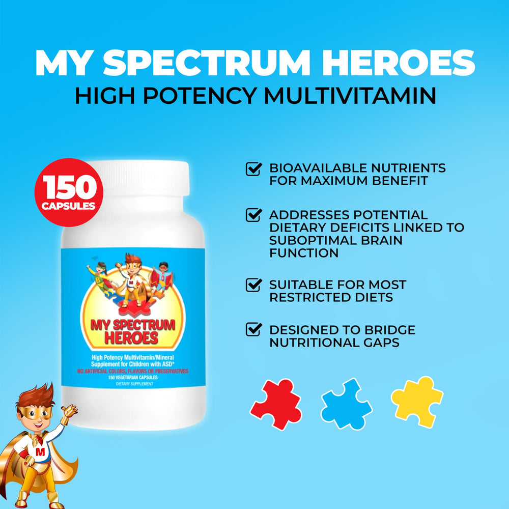 My Spectrum Heroes bottle-side angle highlights easy-to-swallow capsules for kids.
