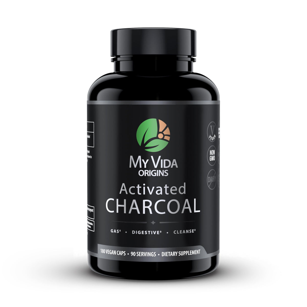 My Vida Origins bottle with activated charcoal capsules promotes gentle detox support.