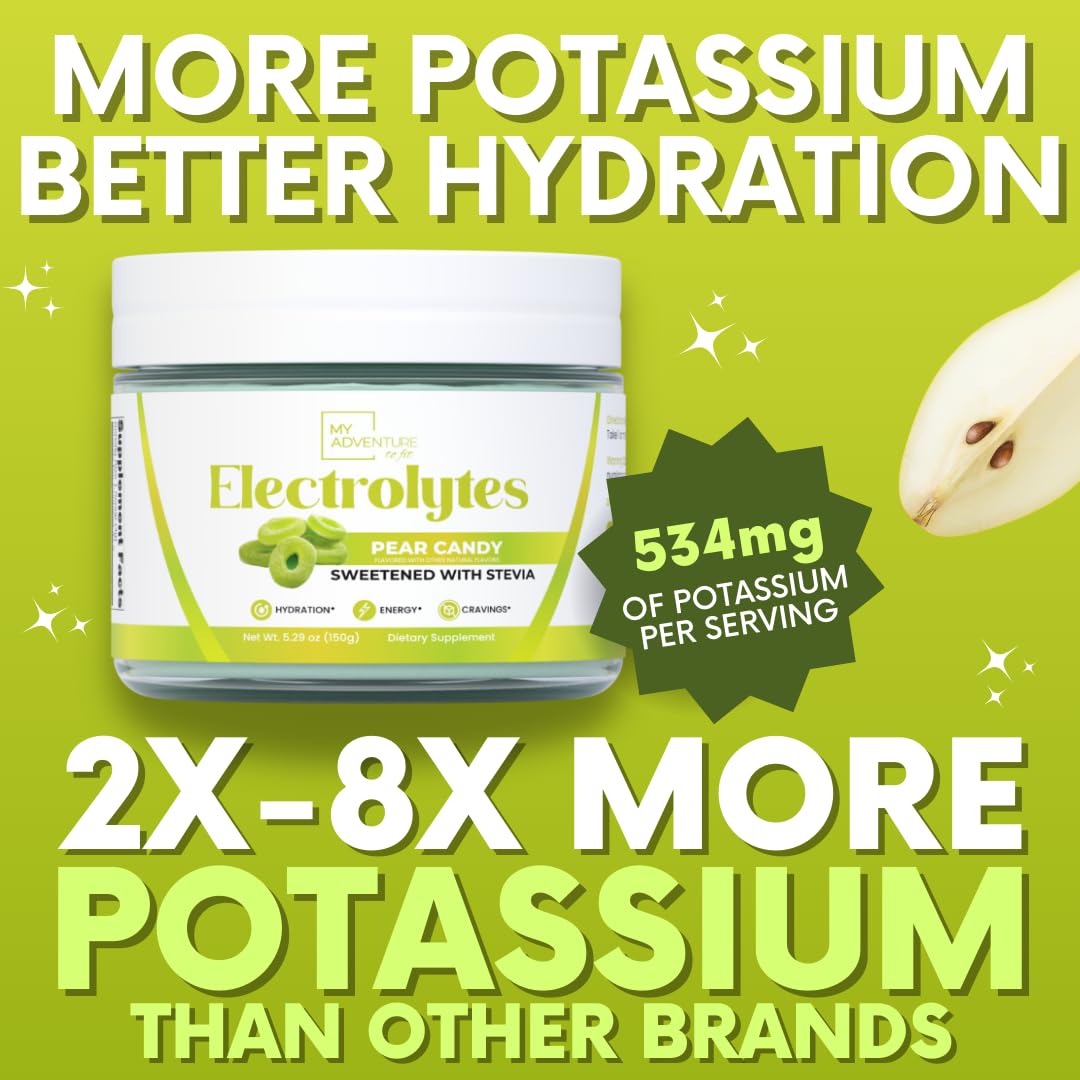 My Adventure to Fit Pear Candy Electrolytes bottle close-up showcases clean, sugar-free hydration.