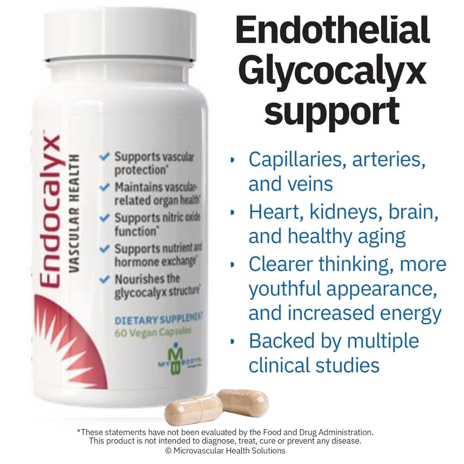 MYBODYRX Endocalyx capsules close-up for easy daily microcirculation support.