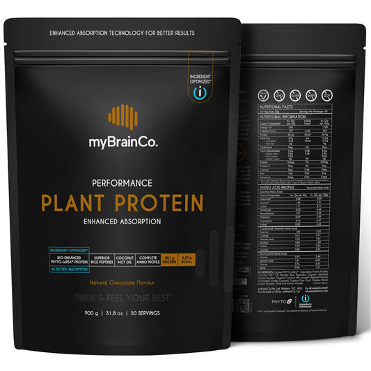 myBrainCo Bio-Optimized Protein jar front highlighting vegan formula and absorption