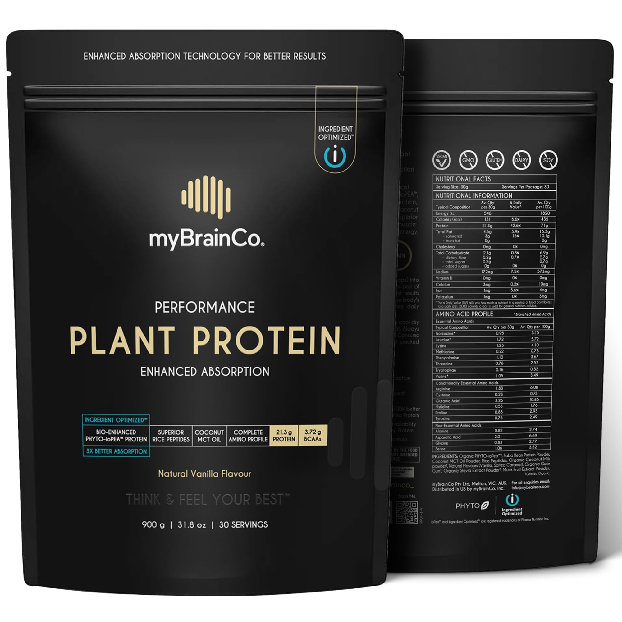 MyBrainCo bio-optimized protein powder vanilla bottle with creamy texture.