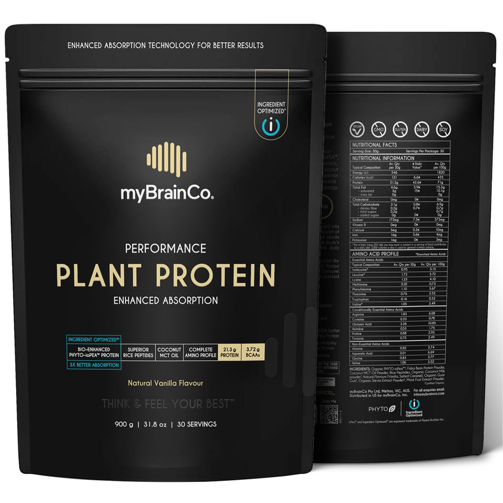 MyBrainCo bio-optimized protein powder vanilla bottle with creamy texture.