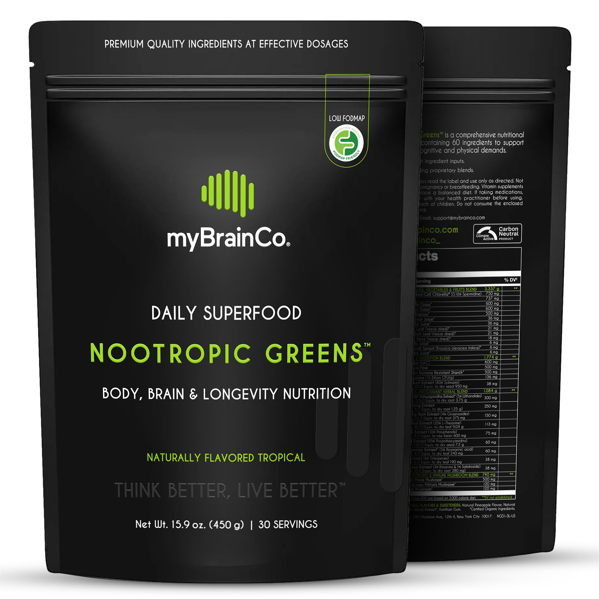 myBrainCo Nootropic Greens bottle front showcasing a transparent premium blend