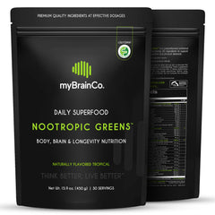 myBrainCo Nootropic Greens bottle front showcasing a transparent premium blend