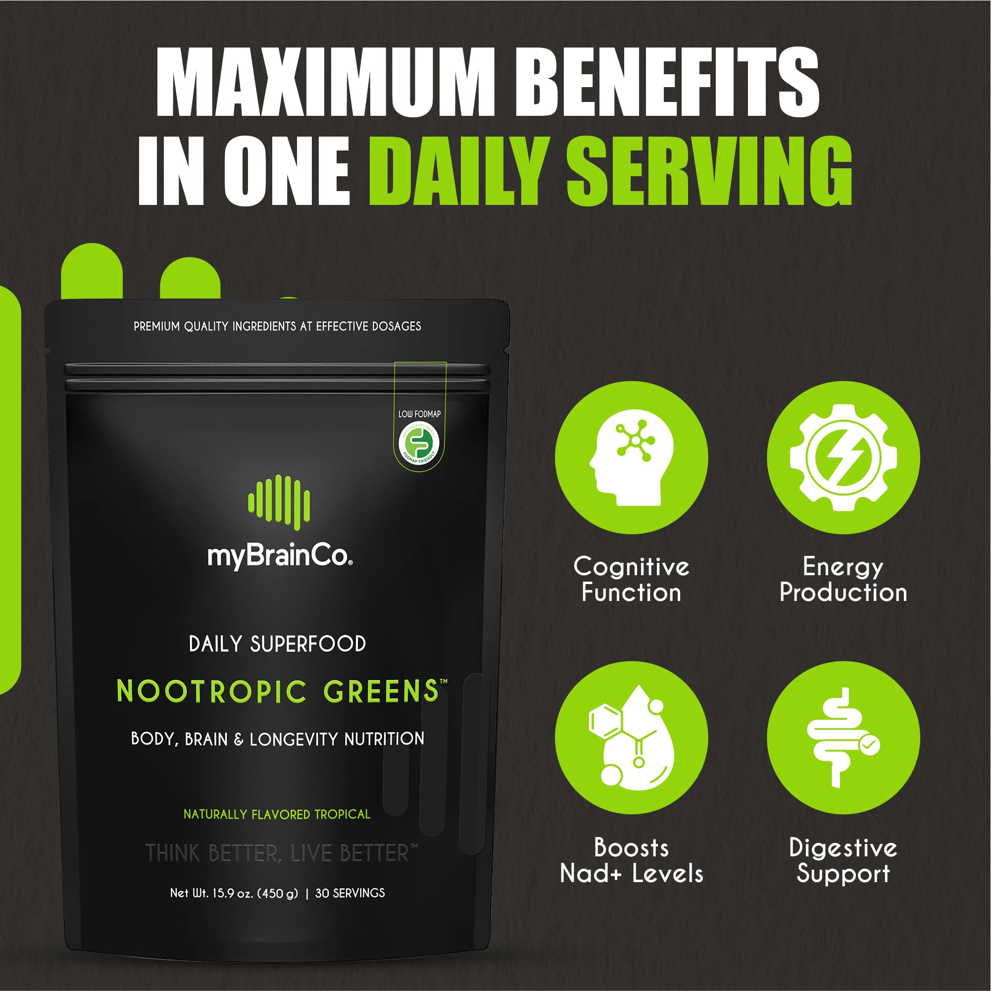 myBrainCo Nootropic Greens organic greens blend in a nutrient-dense mix