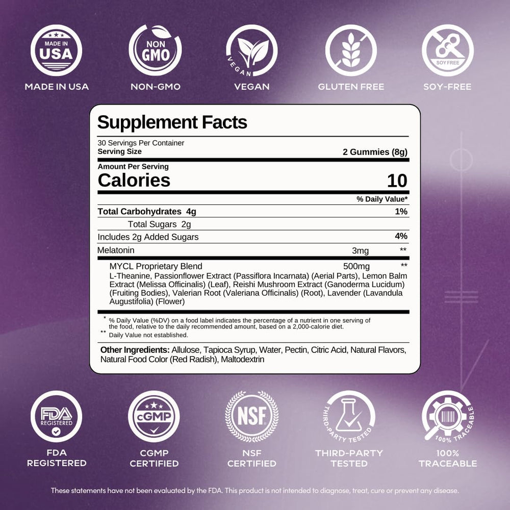 MYCL Dream Mushroom Gummies featuring valerian root to ease tension before bed.