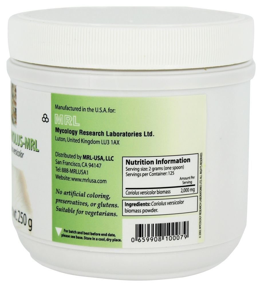 Mycology Research Labs Coriolus Versicolor MRL shows spoon-in-tub for easy 2g servings.
