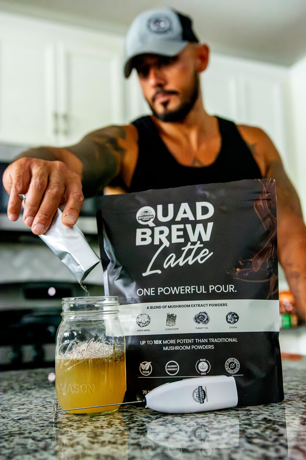 MYCOMedix Quad-Brew Latte morning-routine shot suggests clear thinking and daily use.
