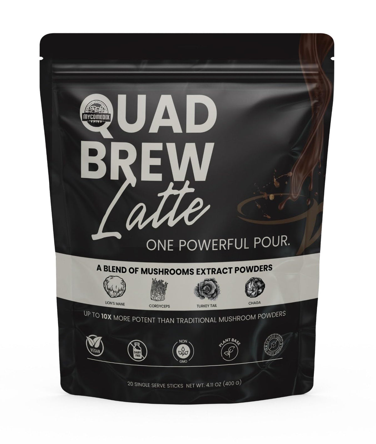 MYCOMedix Quad-Brew Latte packaging shows premium coffee and mushroom blend for a balanced start.
