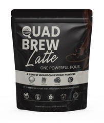 MYCOMedix Quad-Brew Latte packaging shows premium coffee and mushroom blend for a balanced start.