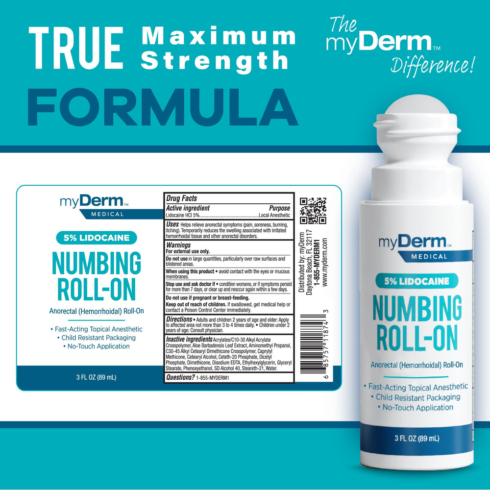 Myderm roll-on in action delivering targeted, quick comfort to irritated skin.
