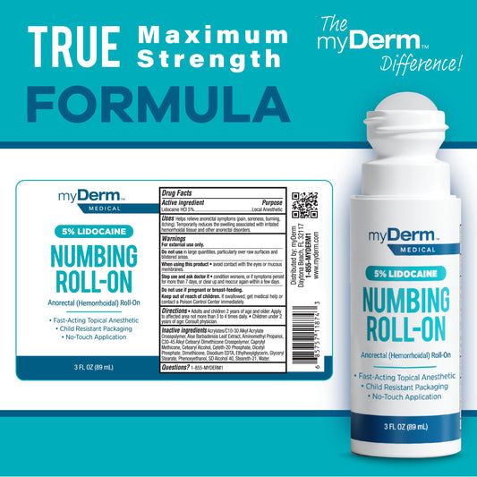Myderm roll-on in action delivering targeted, quick comfort to irritated skin.