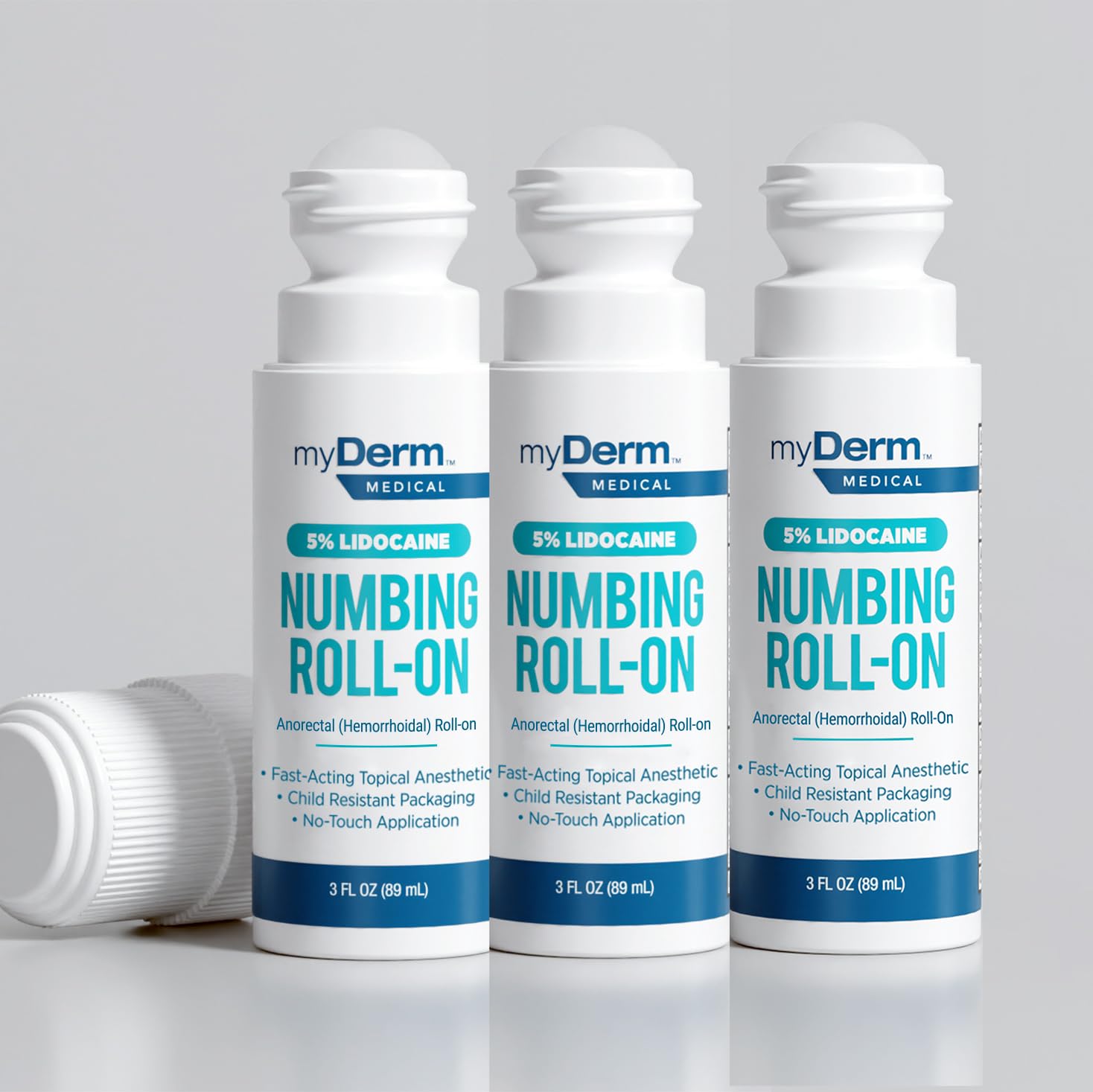 Myderm Medical 5% lidocaine roll-on pack, front view offering fast numbing relief.