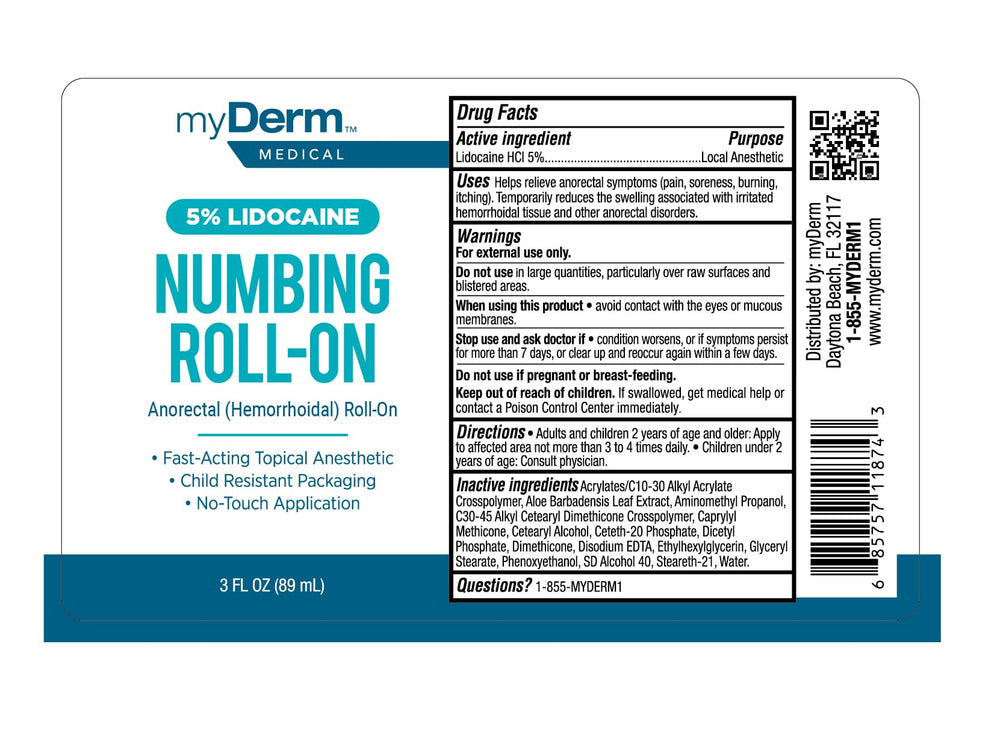 Made-in-USA Myderm roll-on with clear instructions for safe application.