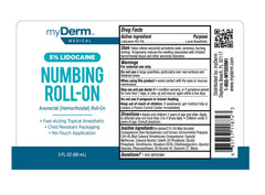 Made-in-USA Myderm roll-on with clear instructions for safe application.