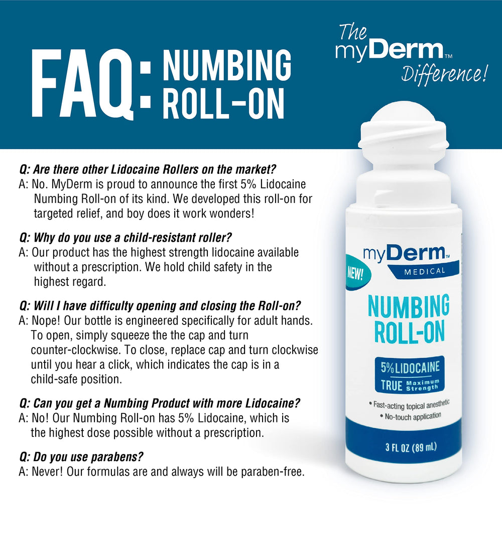 Pack of 2 label on Myderm Medical lidocaine roll-on for value.