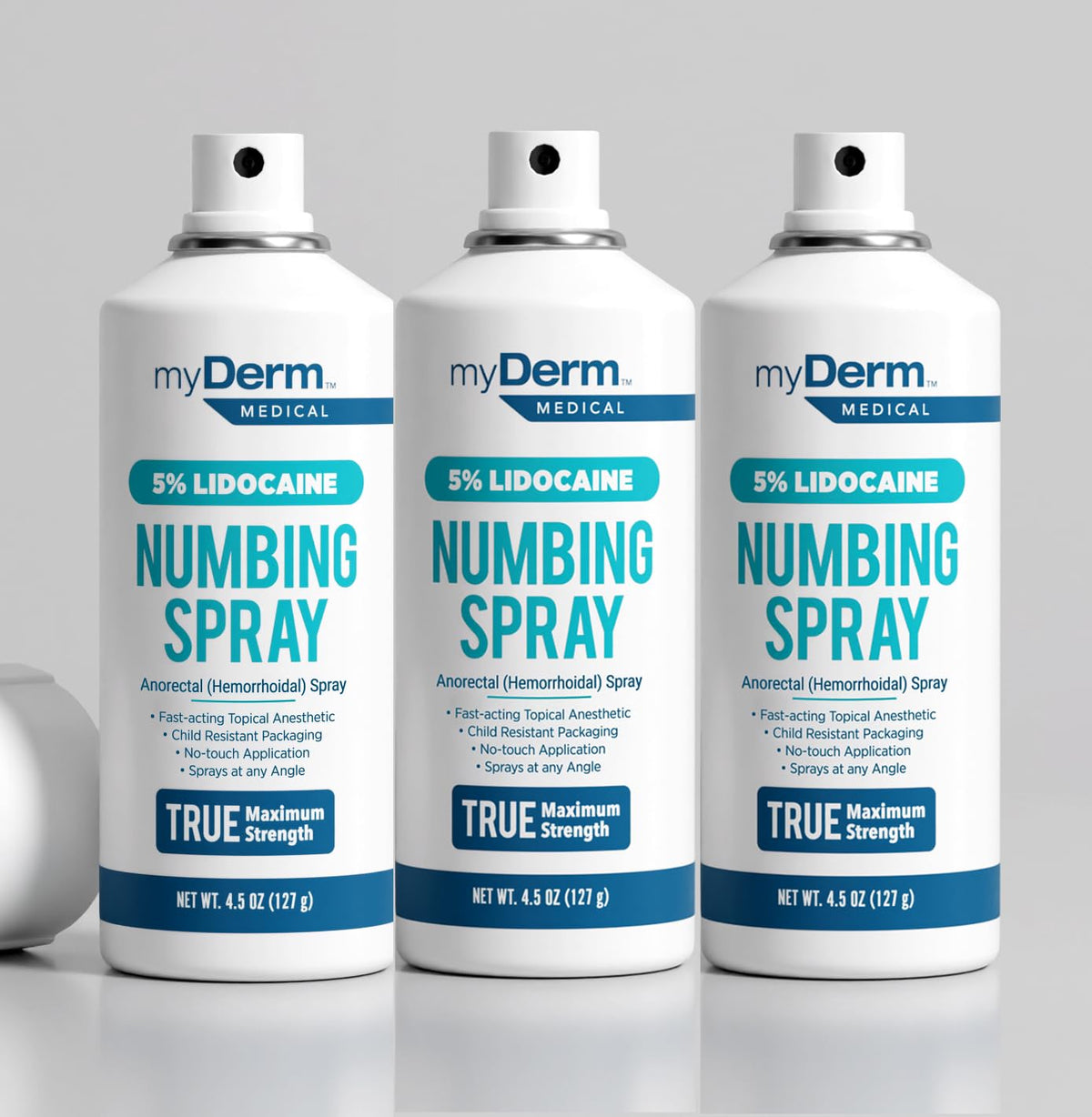 Myderm Three Pack Numbing Spray bottle close-up for fast numbing relief.