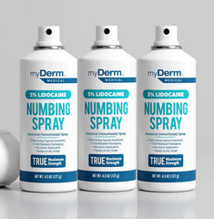 Myderm Three Pack Numbing Spray bottle close-up for fast numbing relief.