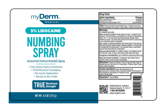 Myderm Three Pack Numbing Spray packaging on shelf for easy purchase.