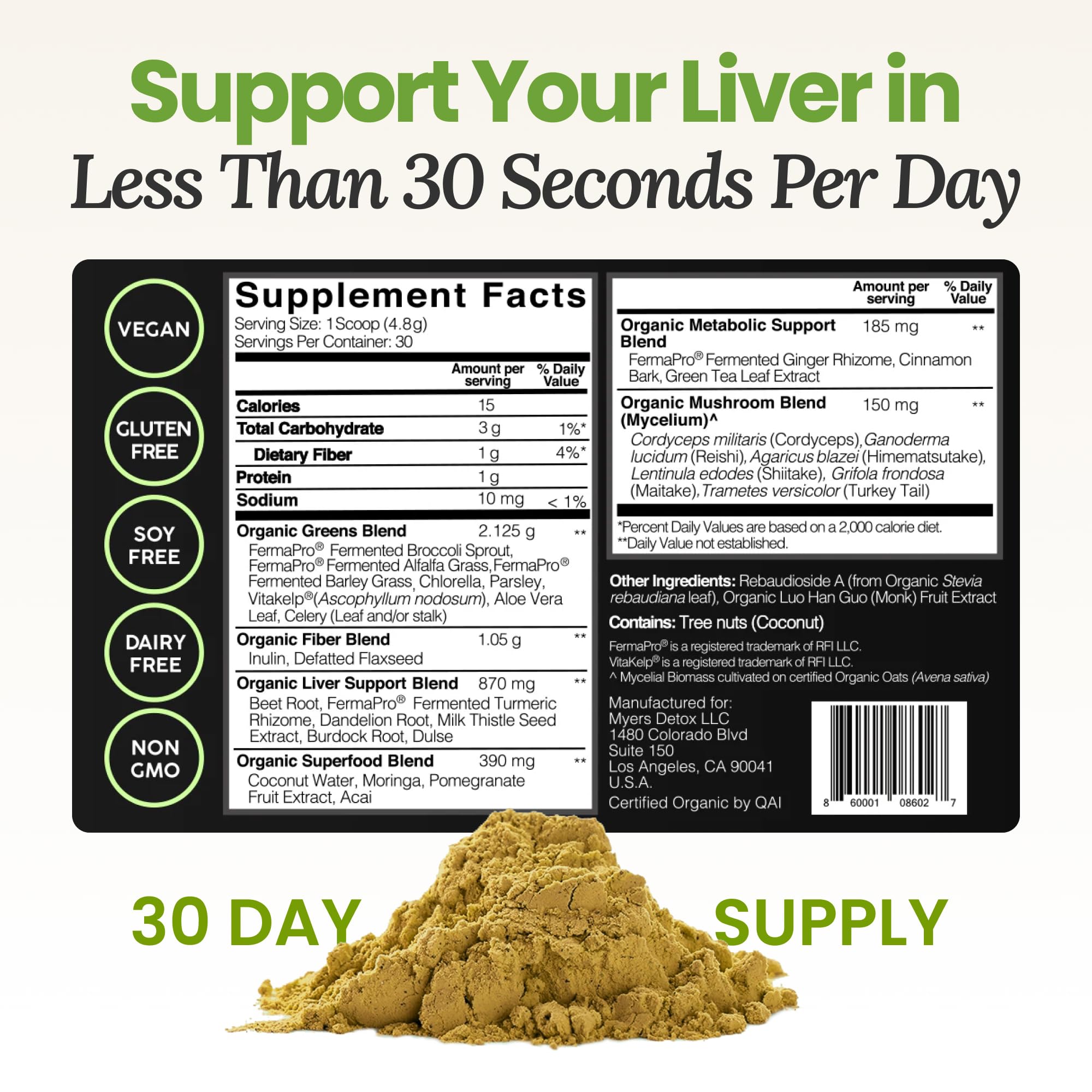 Powder dissolved in water with Myers Detox Daily Greens for a refreshing drink.