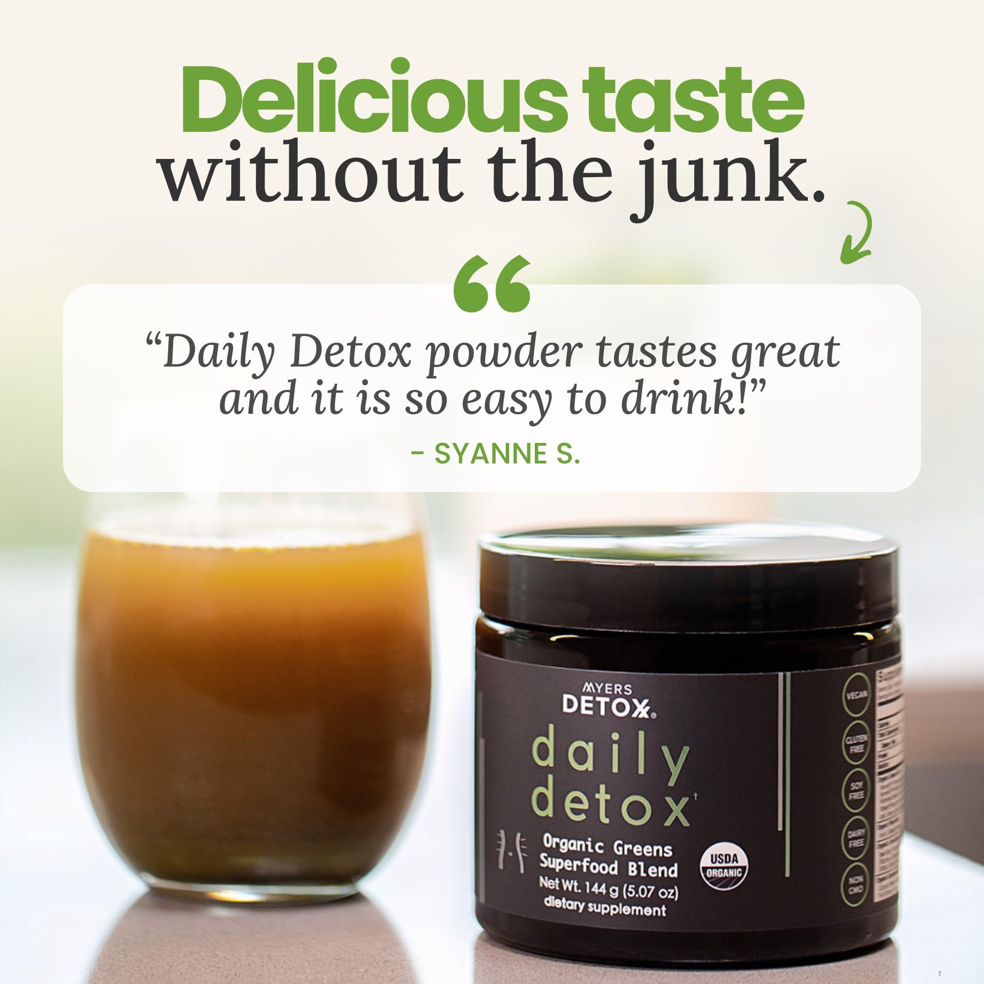 Serving scoop with Myers Detox Daily Greens powder for easy daily nutrition.