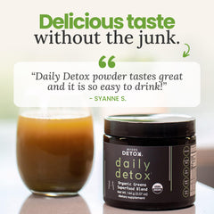 Serving scoop with Myers Detox Daily Greens powder for easy daily nutrition.