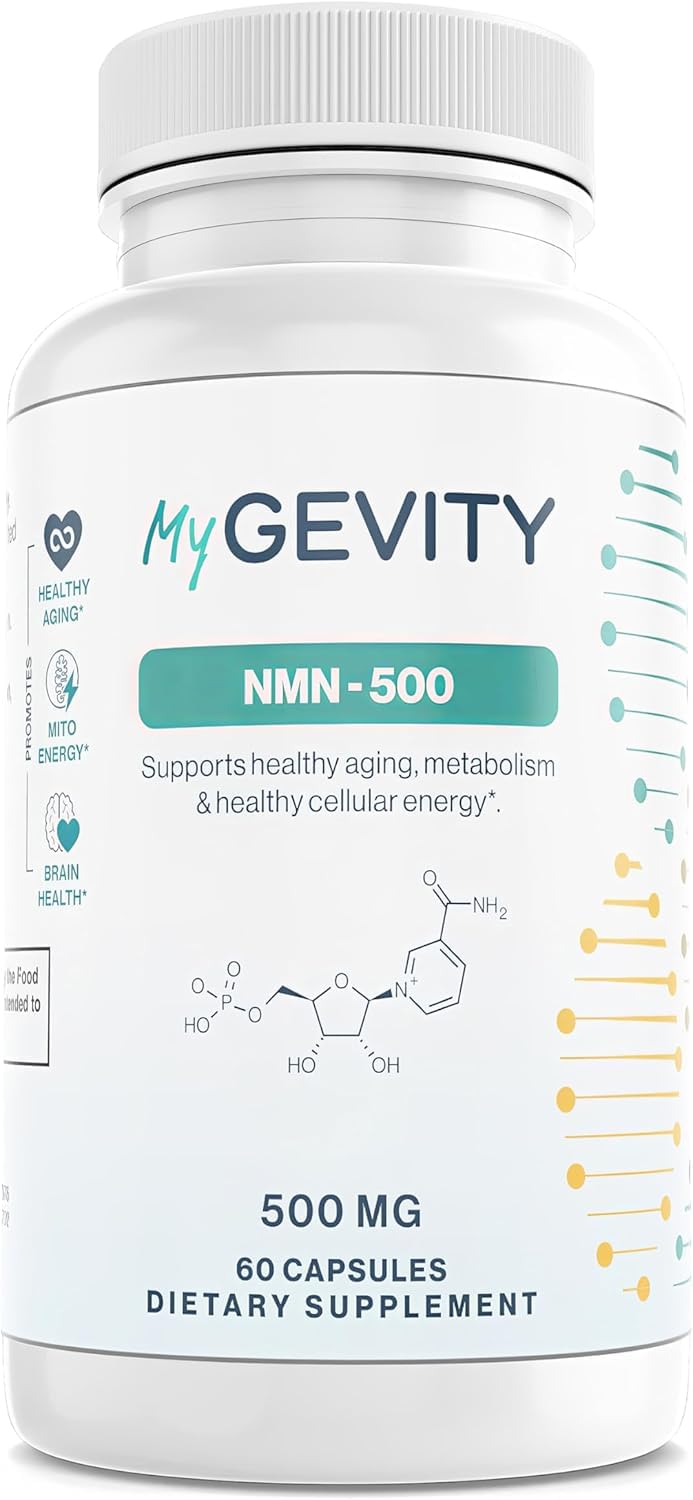MyGevity NMN 500mg bottle label highlights purity and clean ingredients